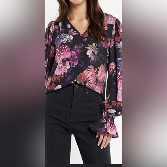 Express Whimsical Floral Print Sheer Balloon Sleeve Flutter Cuff Top Small - Picture 1 of 10